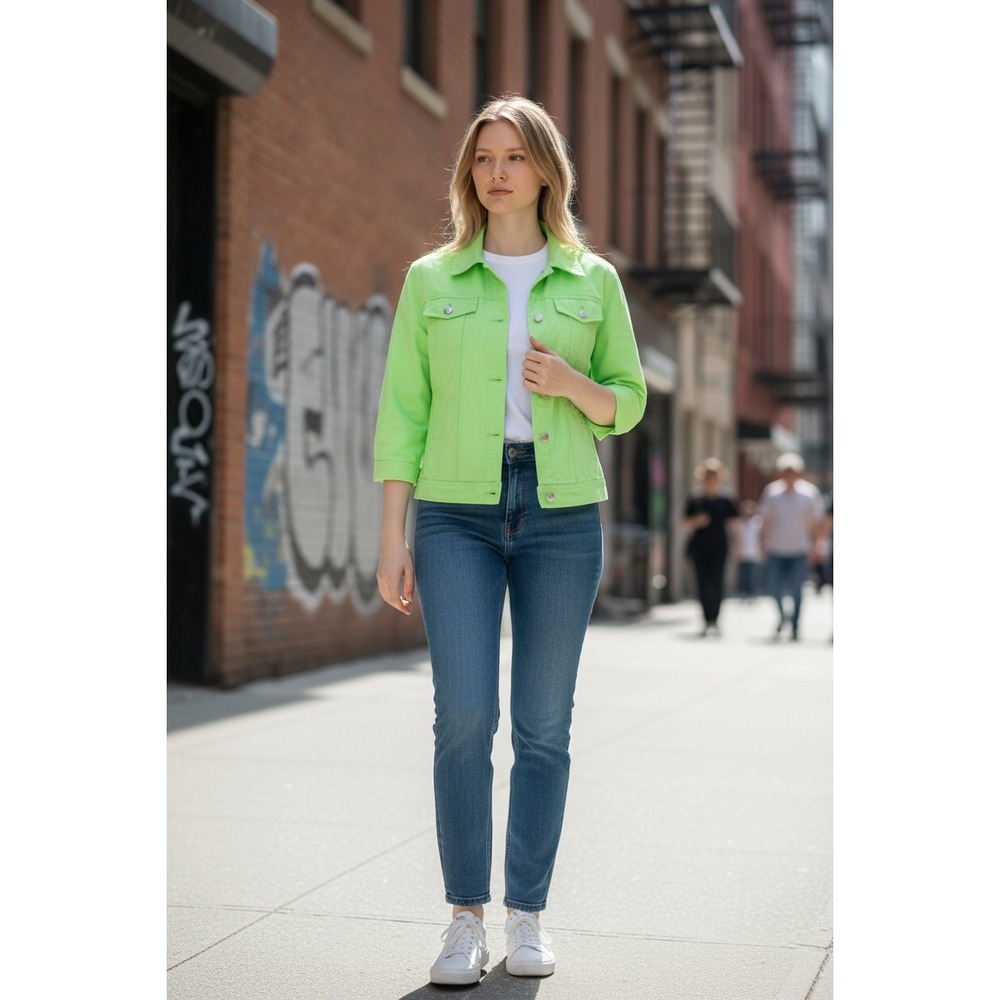 Y2K Chaps Denim Womens Neon Lime Green 3/4 Sleeve Trucker Jacket Size L Cotton